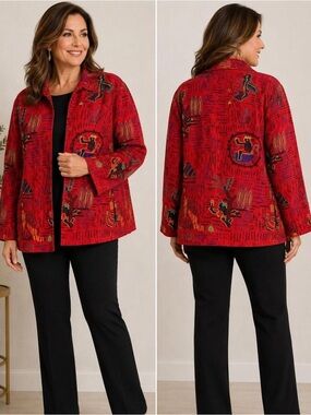 Women's Size XL Chicos Vintage Red Abstract Jacket. Thread’s slightly loose.